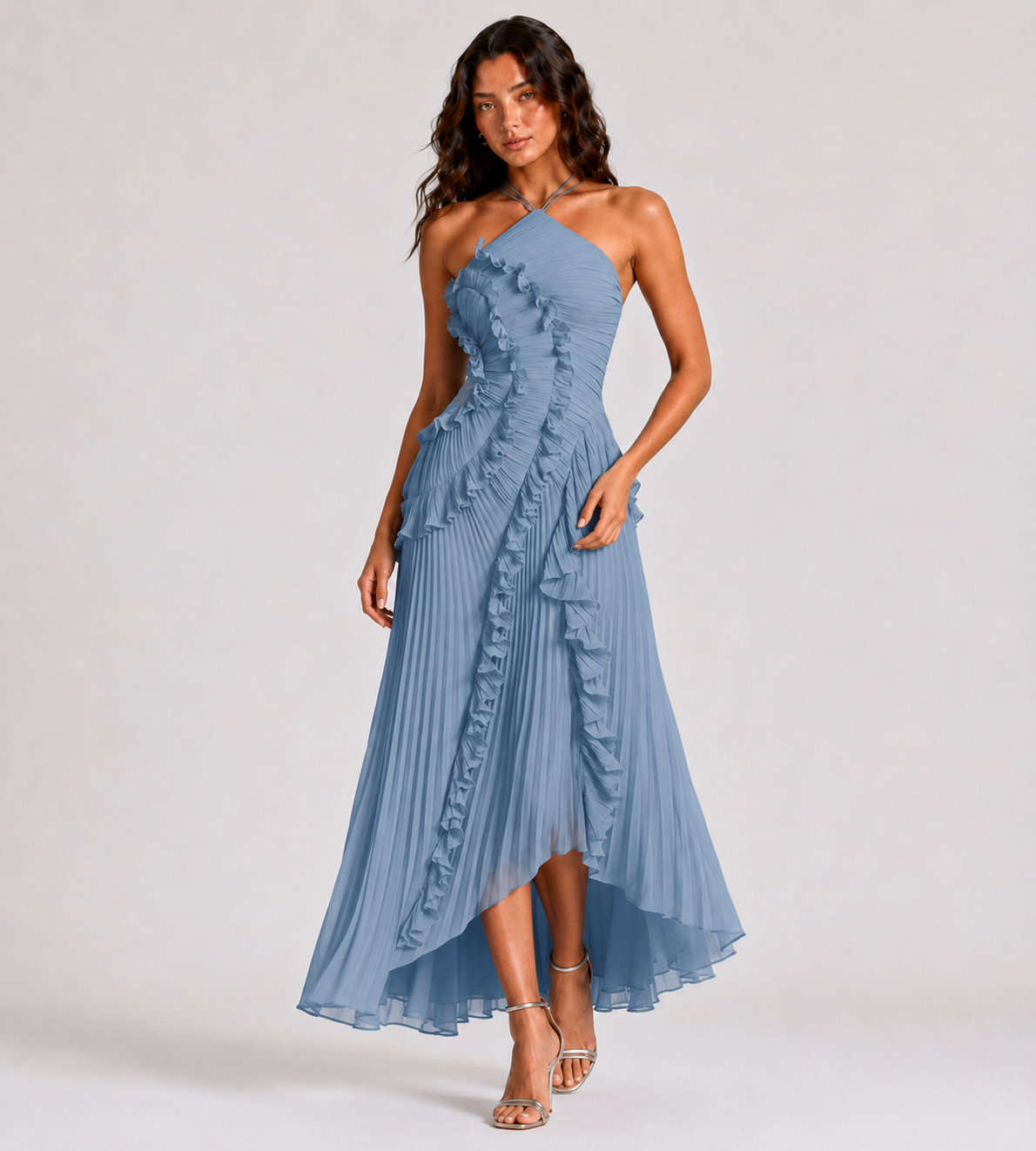 cascading pleated dress Ruffle Halter Maxi stretchy blend of 86% Size:Custom Siz Green Plus-Size Formal Dresses Irvine CA
