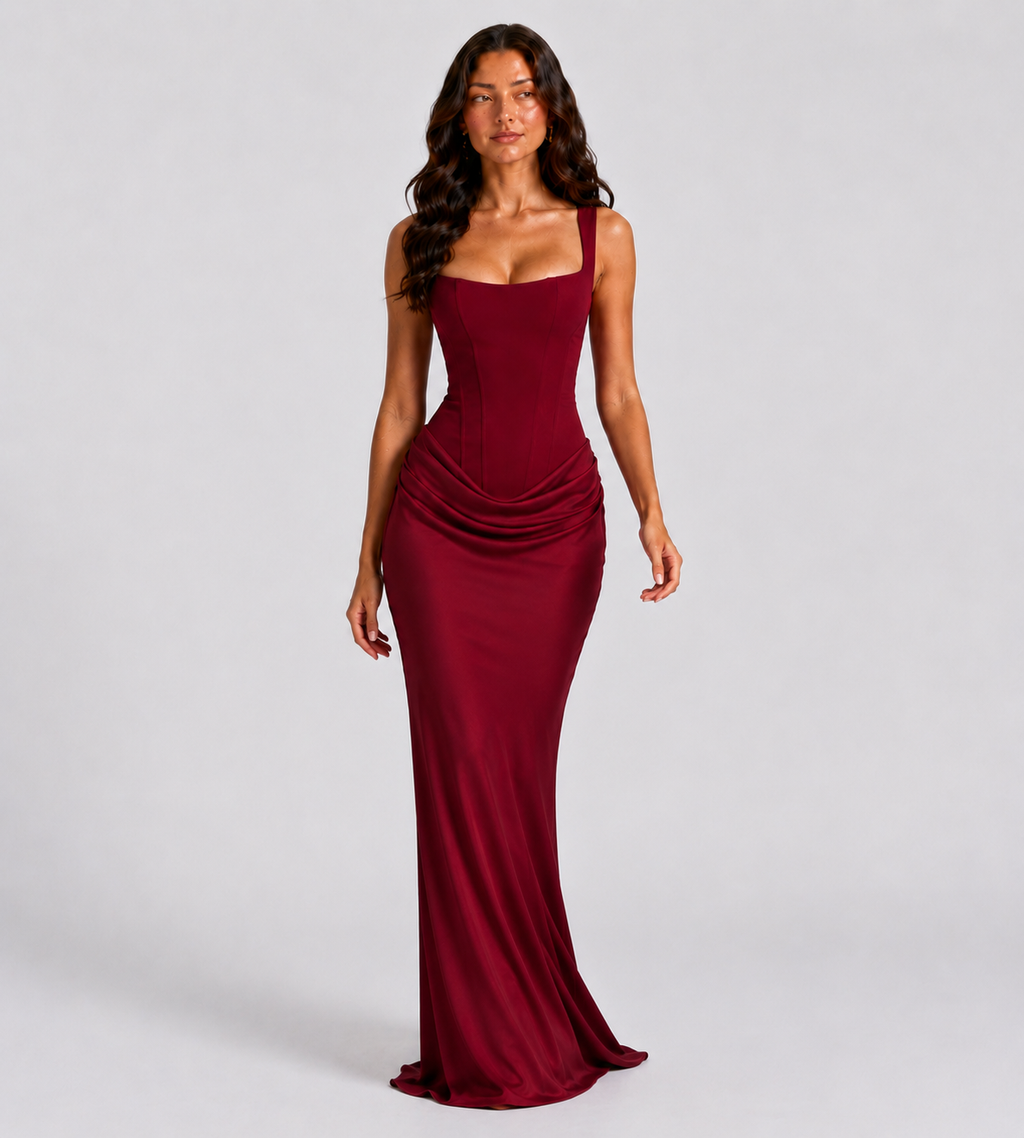 Cowl Drape Corset Maxi Dress - Red