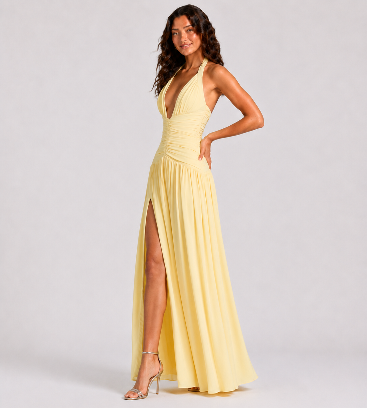 Halter Ruched Lace-Up Slit Maxi Dress - Yellow