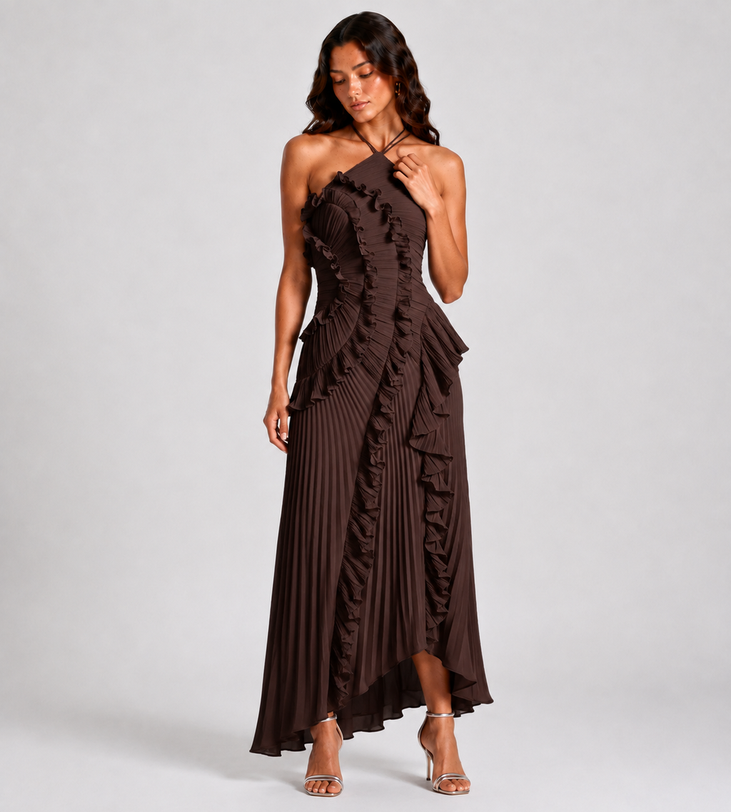 Cascading Ruffle Pleated Halter Maxi Dress - Brown