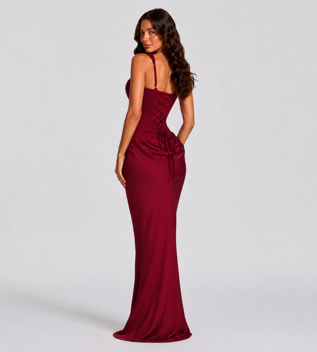 Cowl Drape Corset Maxi Dress - Red