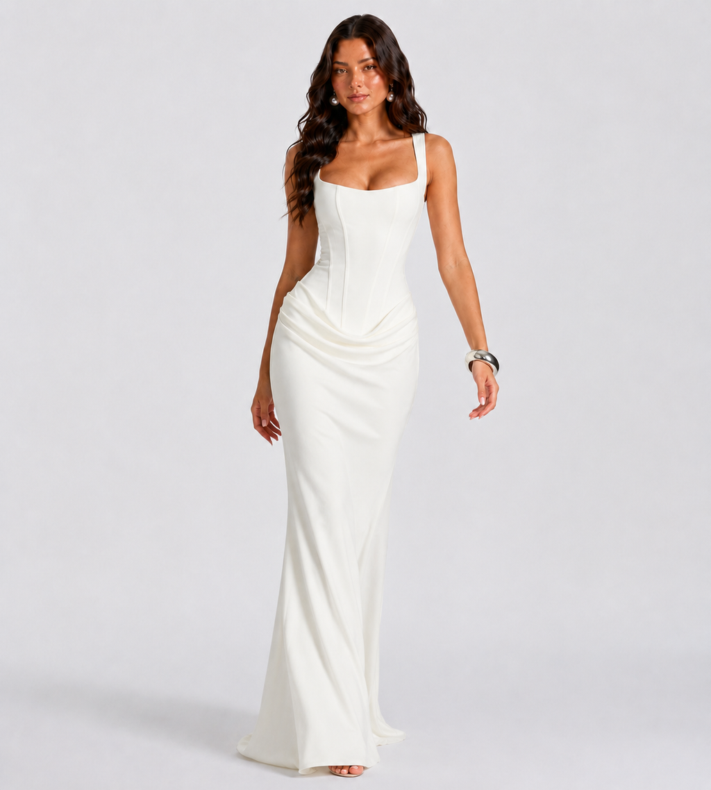 Cowl Drape Corset Maxi Dress - White