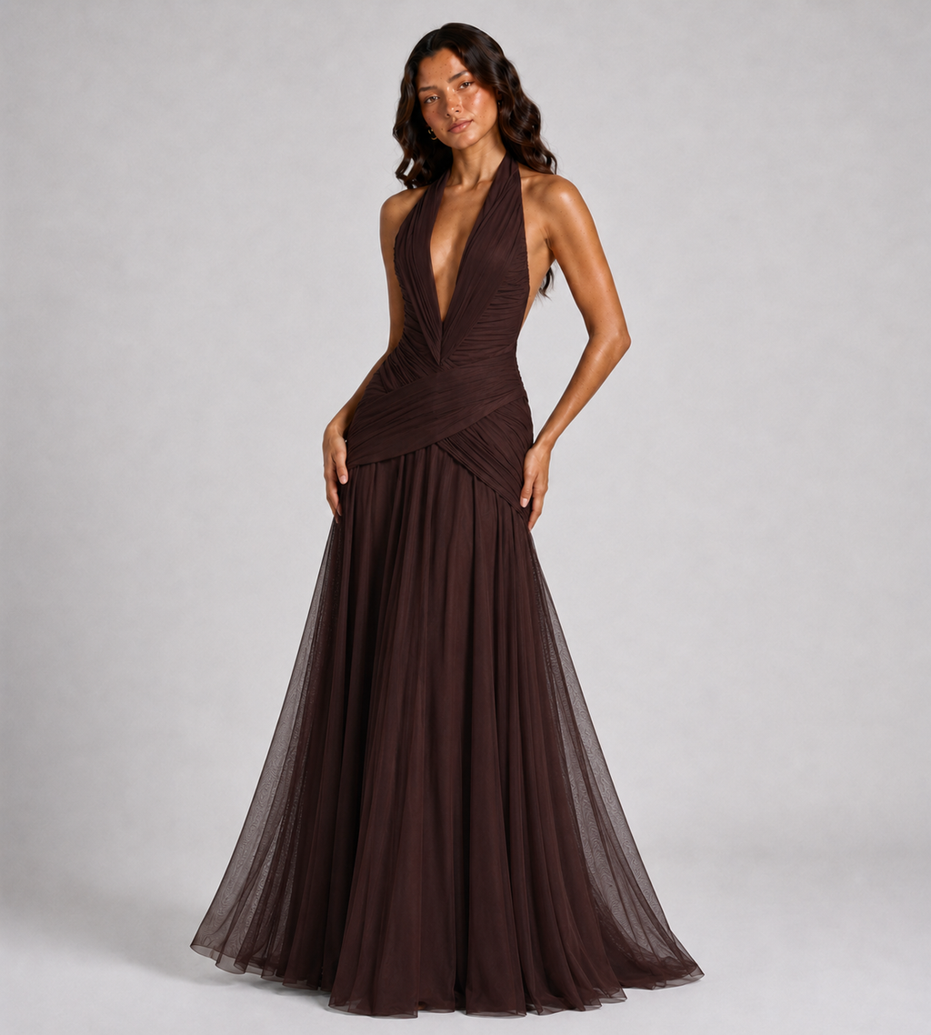 Plunge Halter Draped Chiffon Maxi Dress - Brown