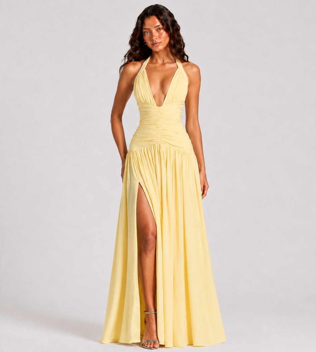 Halter Ruched Lace-Up Slit Maxi Dress - Yellow