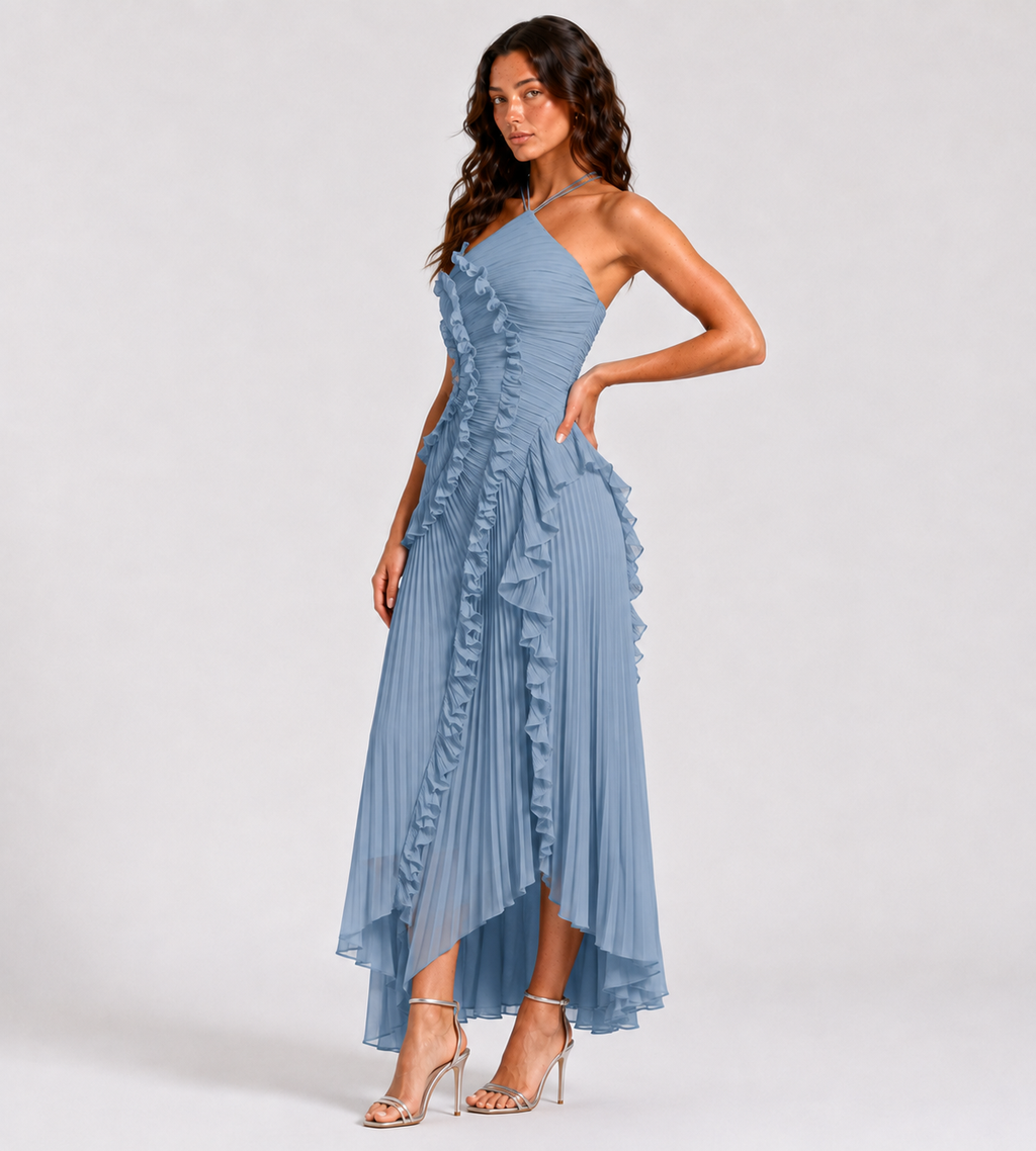 Cascading Ruffle Pleated Halter Maxi Dress - Blue