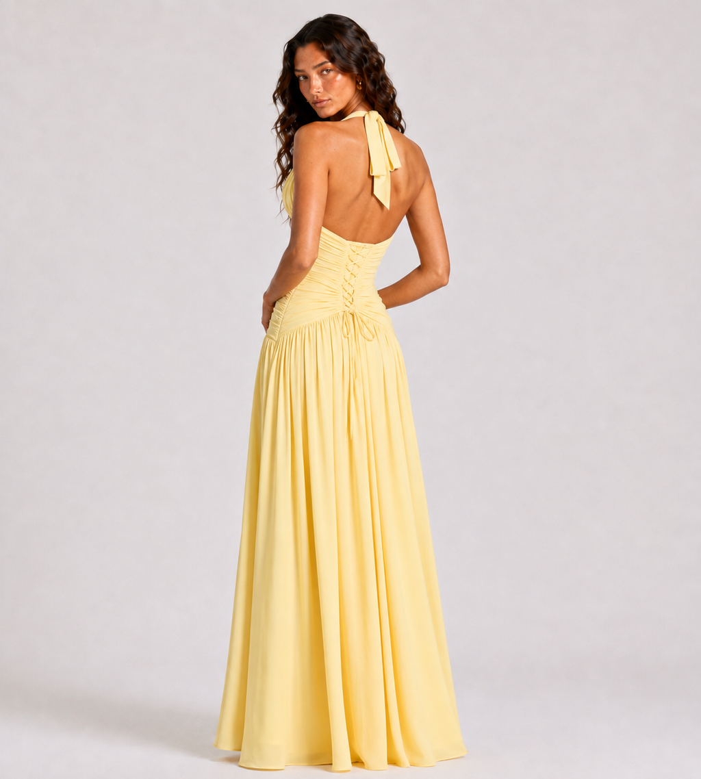 Halter Ruched Lace-Up Slit Maxi Dress - Yellow