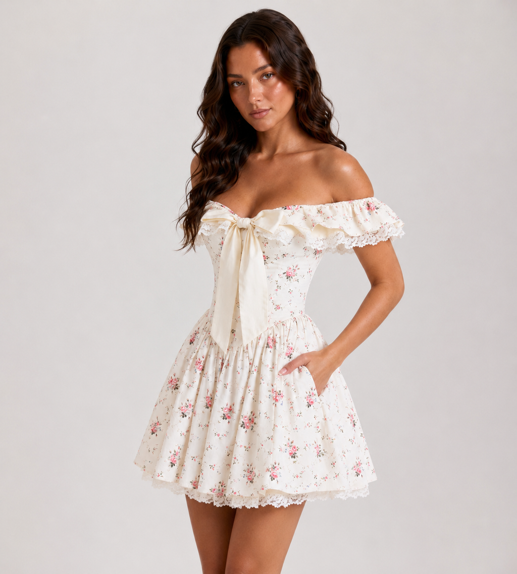 Off Shoulder Bow Ruffle Mini Dress - Floral