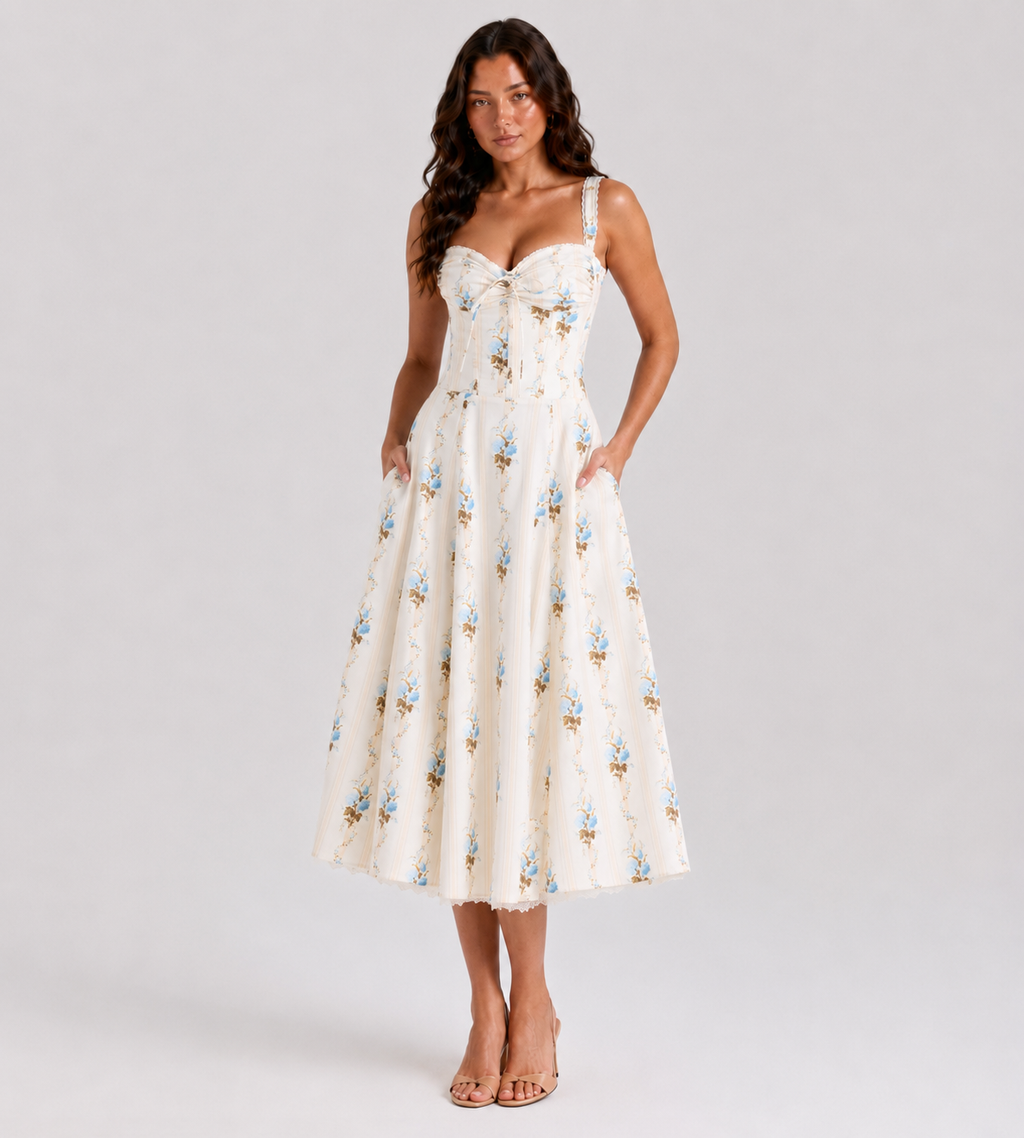 Cream Floral Print Corset Midi Dress