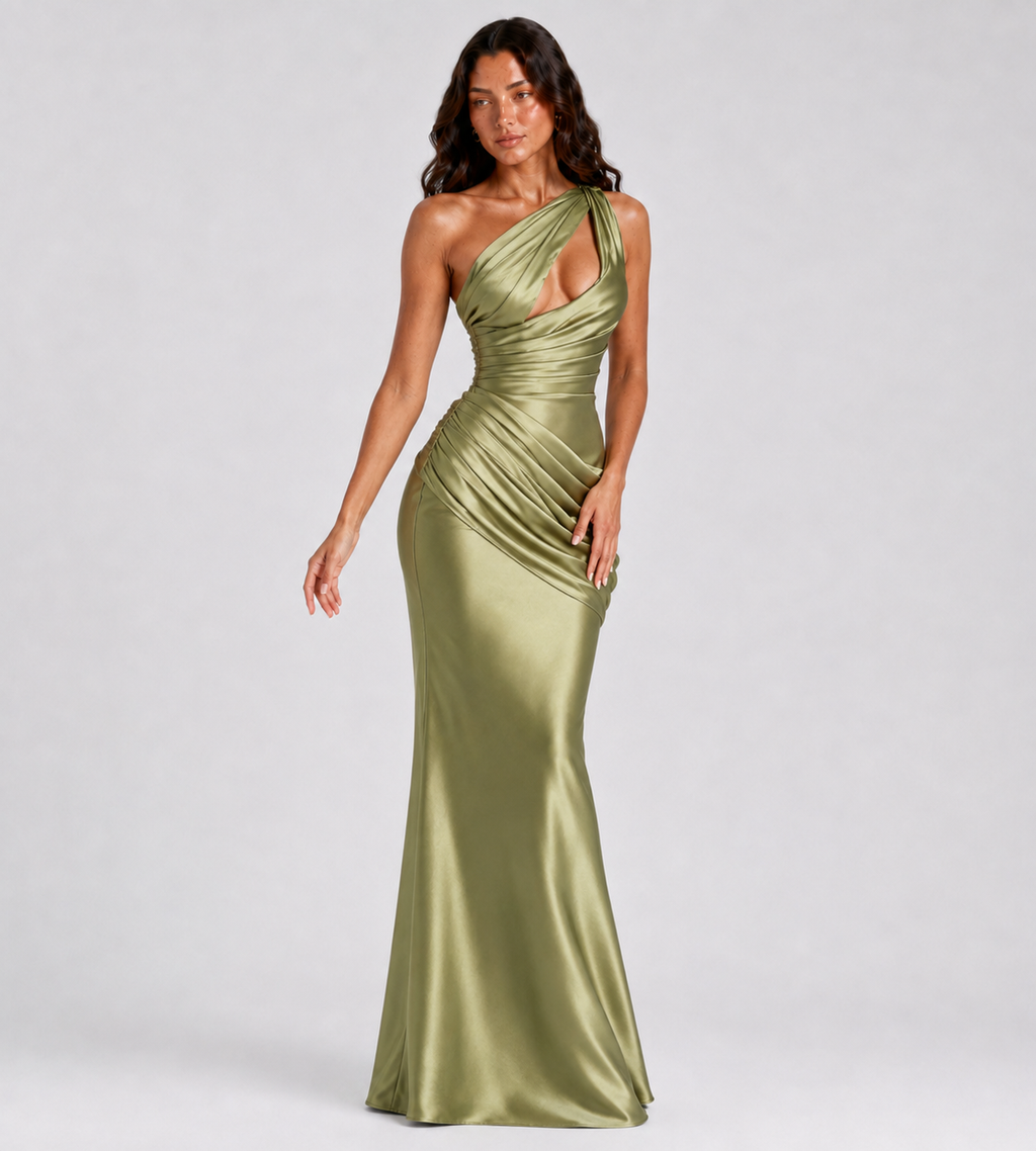 Draped One-Shoulder Cutout Satin Maxi Dress - Olive