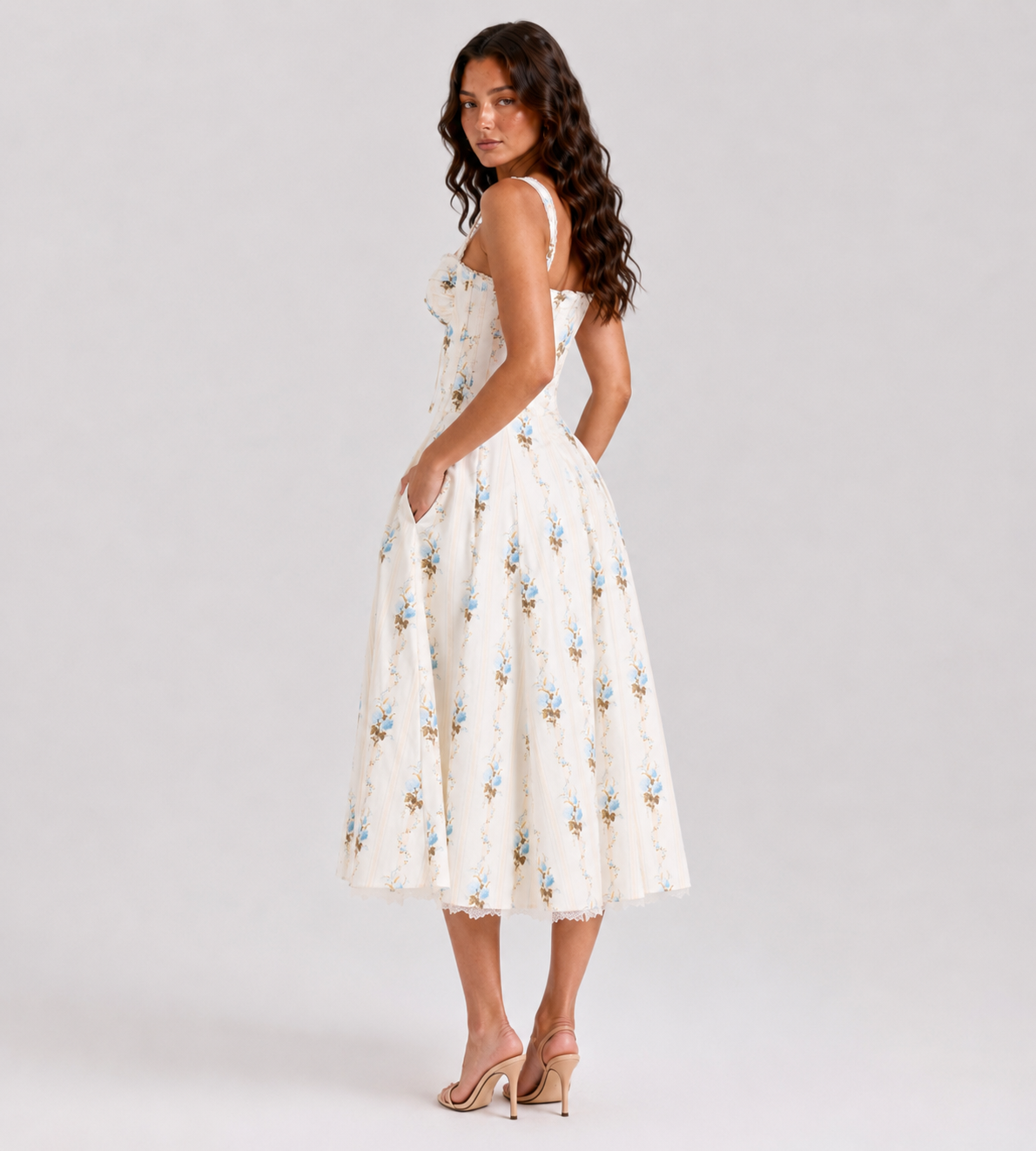 Cream Floral Print Corset Midi Dress