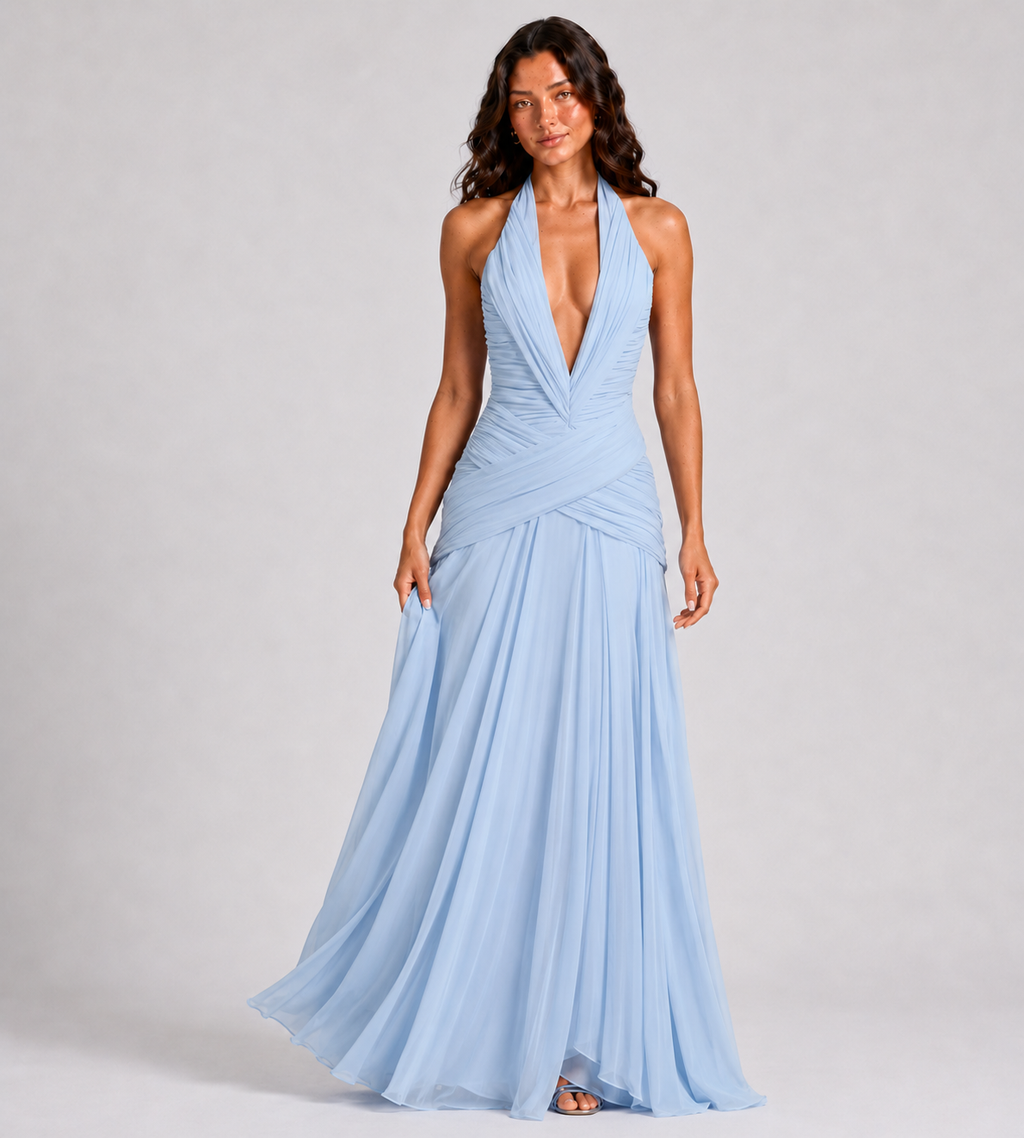 Plunge Halter Draped Chiffon Maxi Dress - Blue