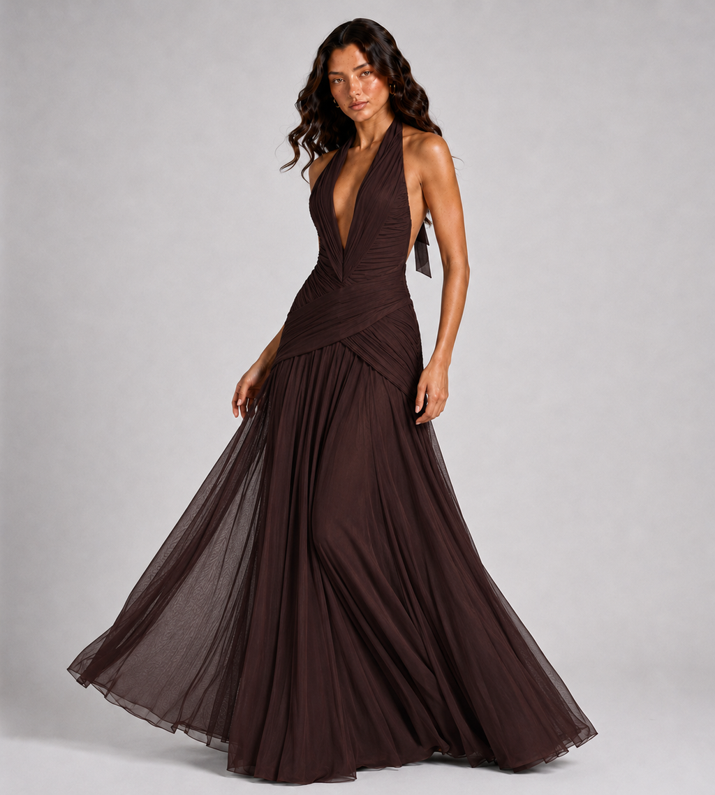 Plunge Halter Draped Chiffon Maxi Dress - Brown
