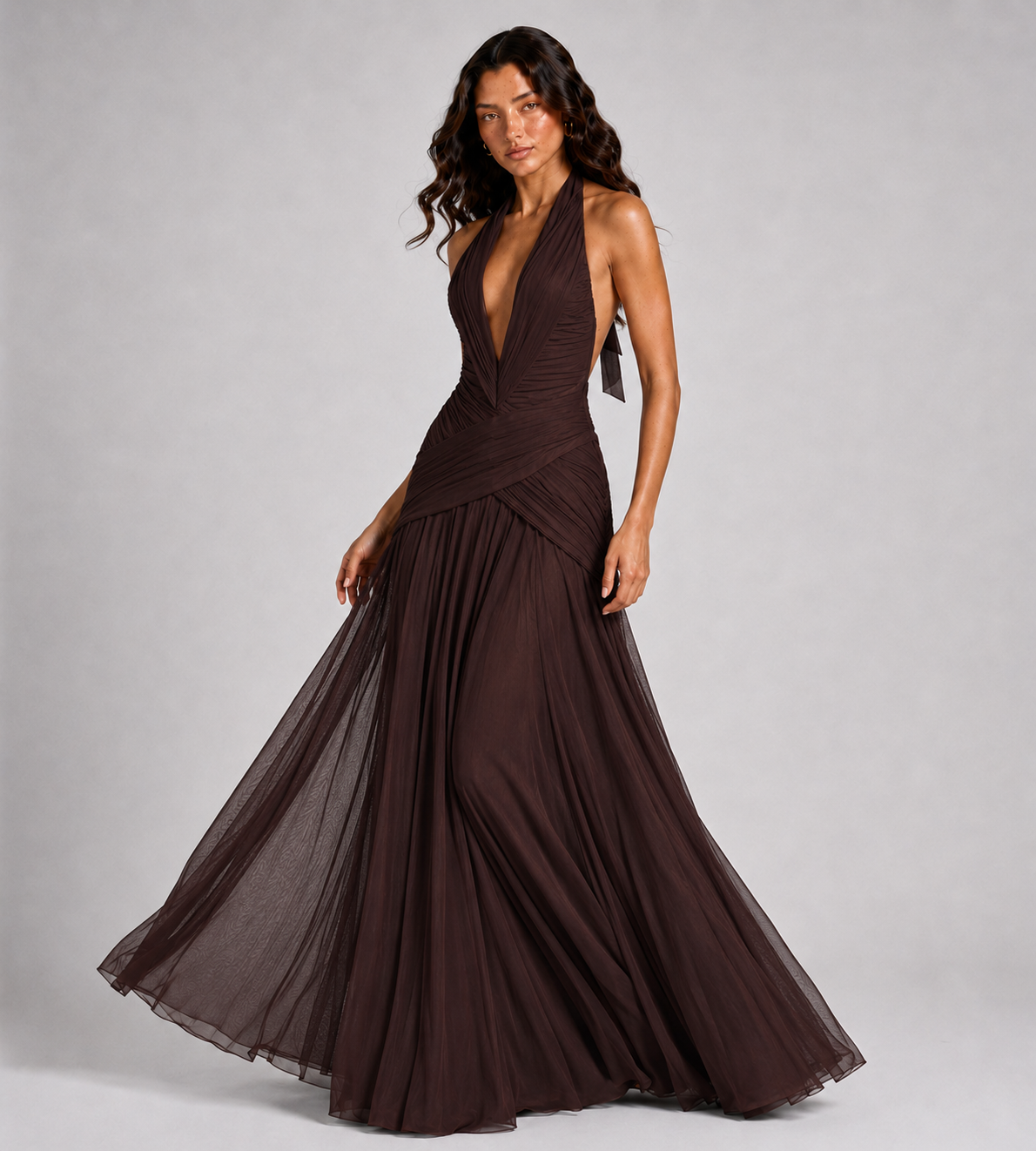 Plunge Halter Draped Chiffon Maxi Dress - Brown