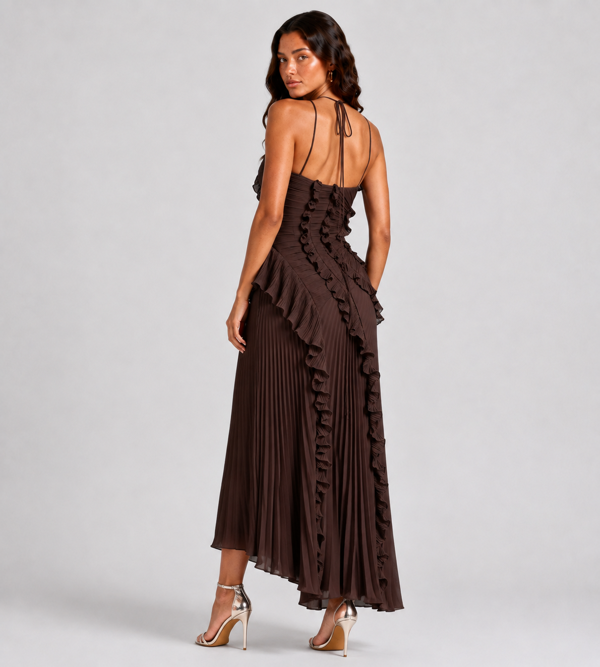 Cascading Ruffle Pleated Halter Maxi Dress - Brown