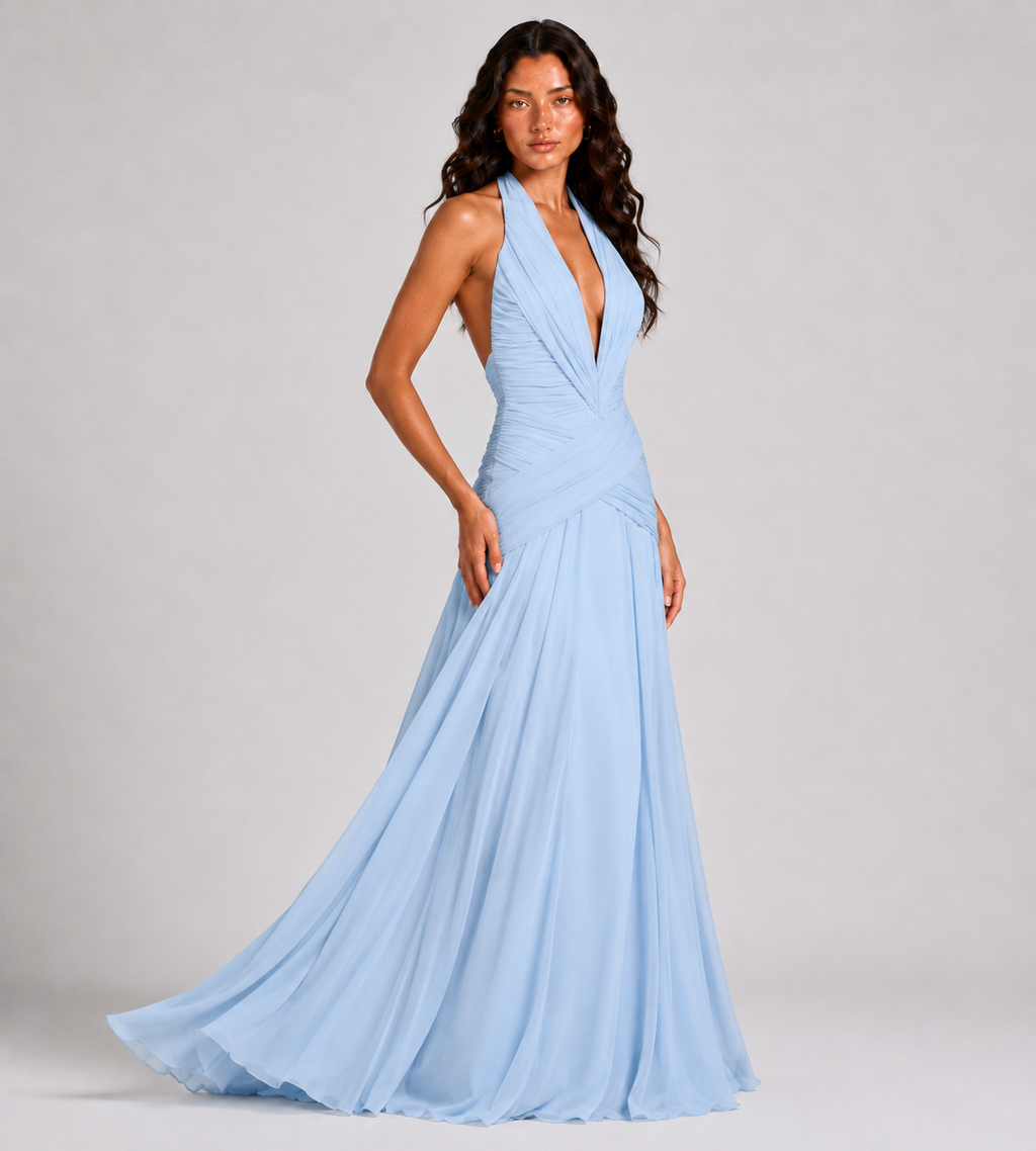 Plunge Halter Draped Chiffon Maxi Dress - Blue