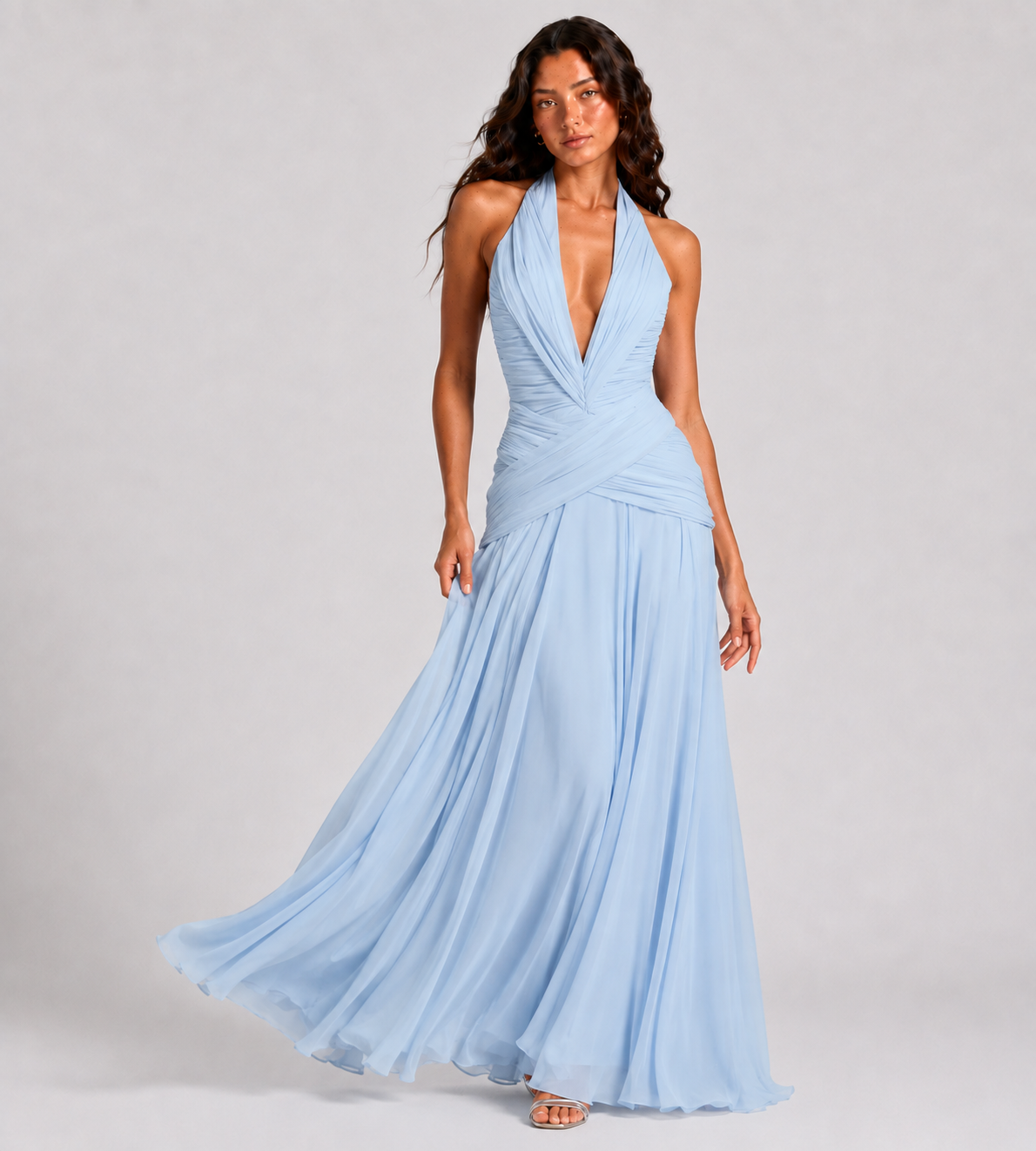 Plunge Halter Draped Chiffon Maxi Dress - Blue