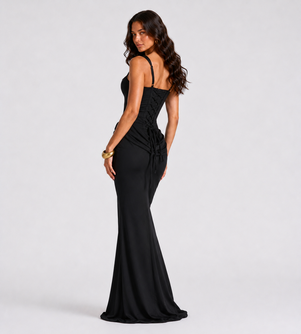 Cowl Drape Corset Maxi Dress - Black
