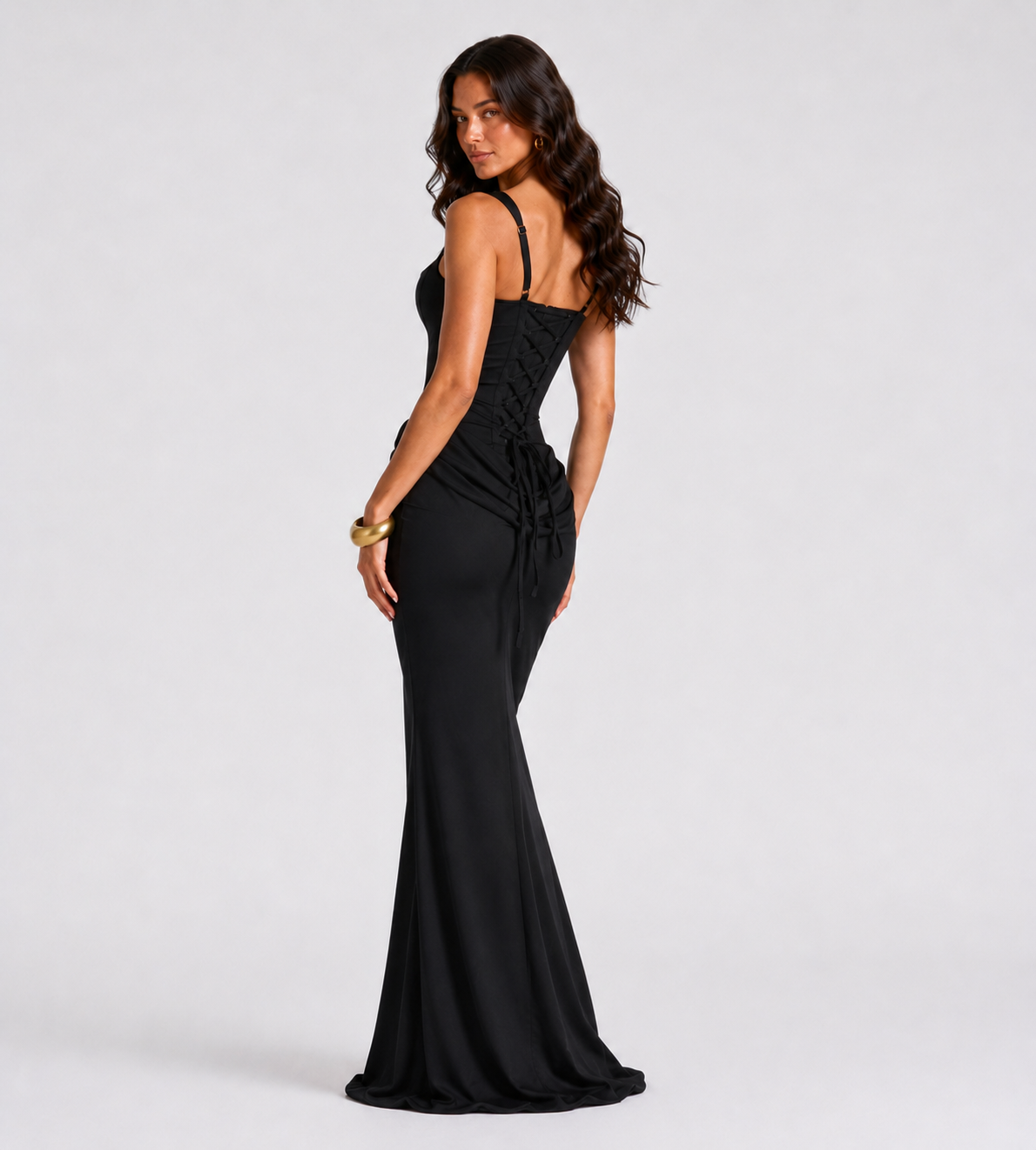 Cowl Drape Corset Maxi Dress - Black