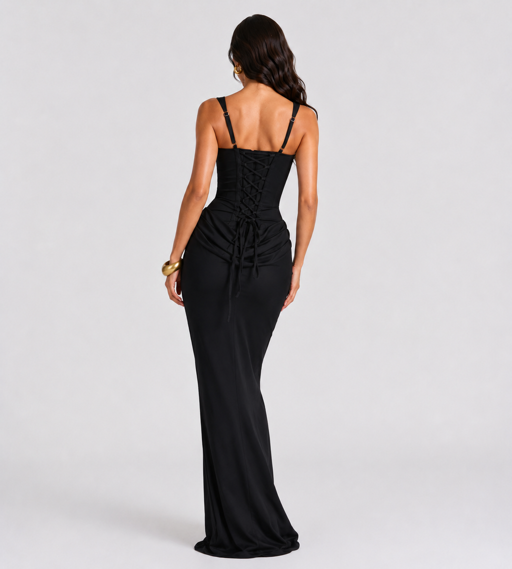 Cowl Drape Corset Maxi Dress - Black