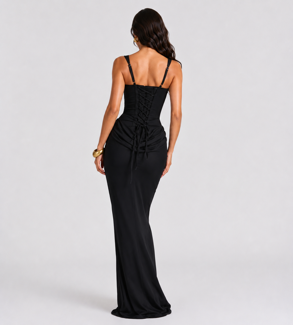 Cowl Drape Corset Maxi Dress - Black
