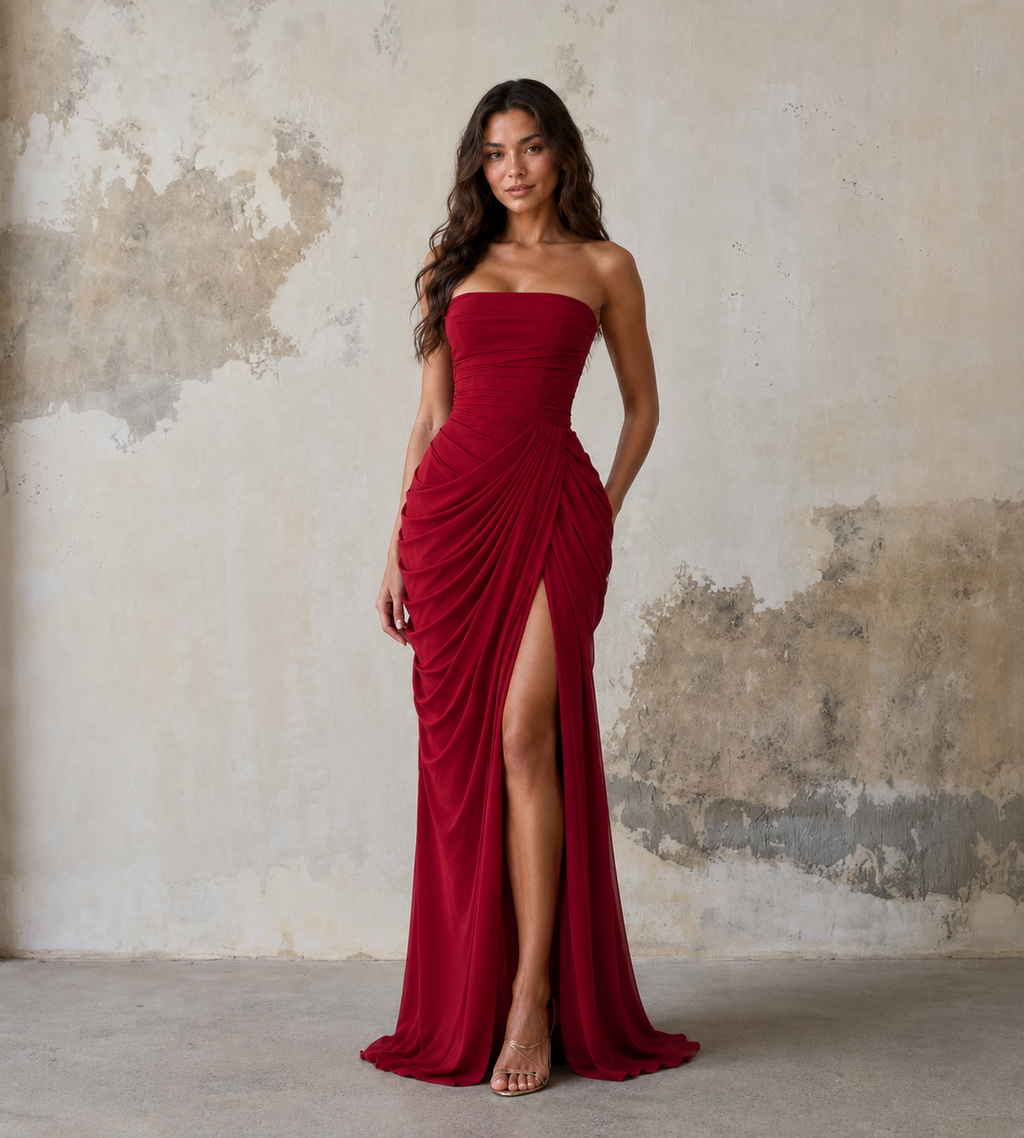 Strapless Draped Slit Maxi Dress - Red
