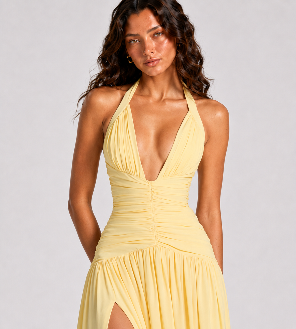 Halter Ruched Lace-Up Slit Maxi Dress - Yellow