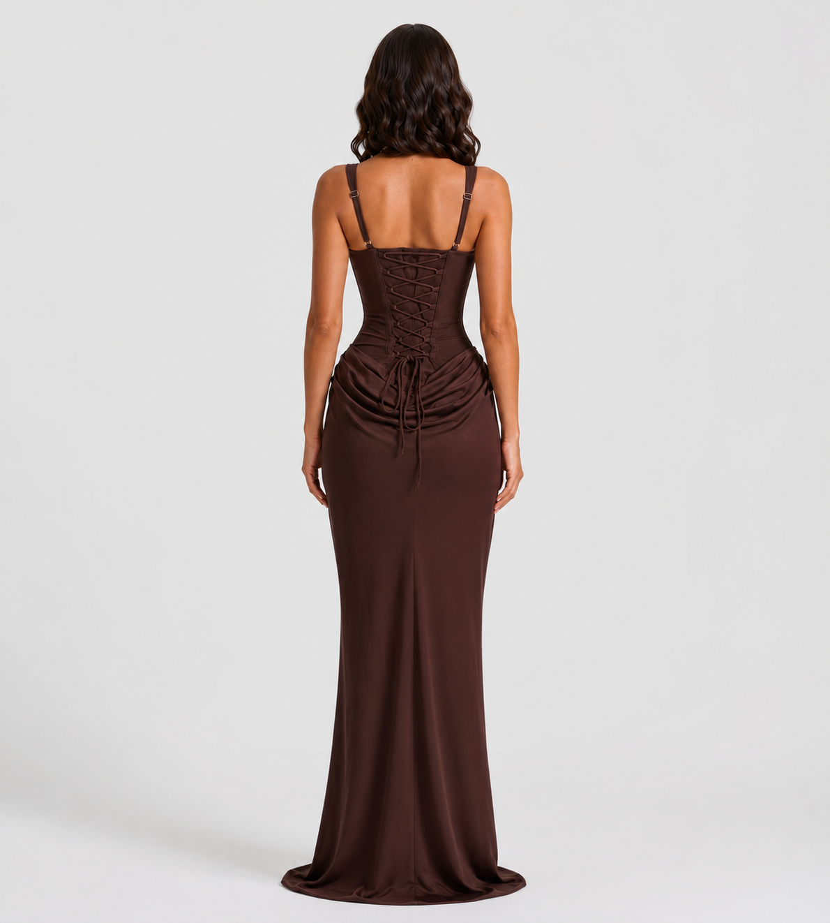 Cowl Drape Corset Maxi Dress - Brown