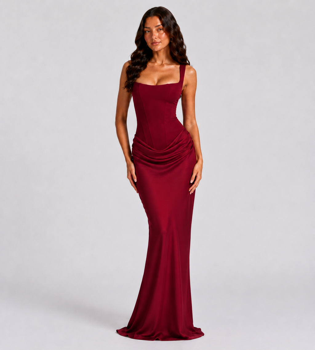 Cowl Drape Corset Maxi Dress - Red