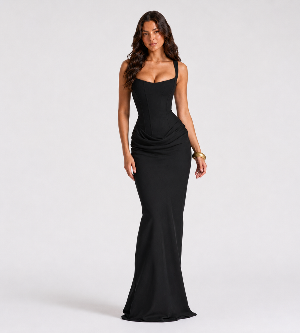 Cowl Drape Corset Maxi Dress - Black