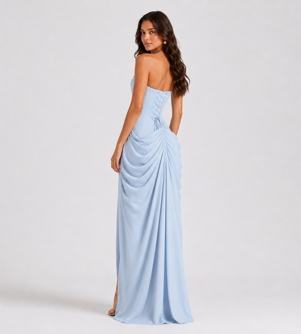 Strapless Draped Slit Maxi Dress - Blue