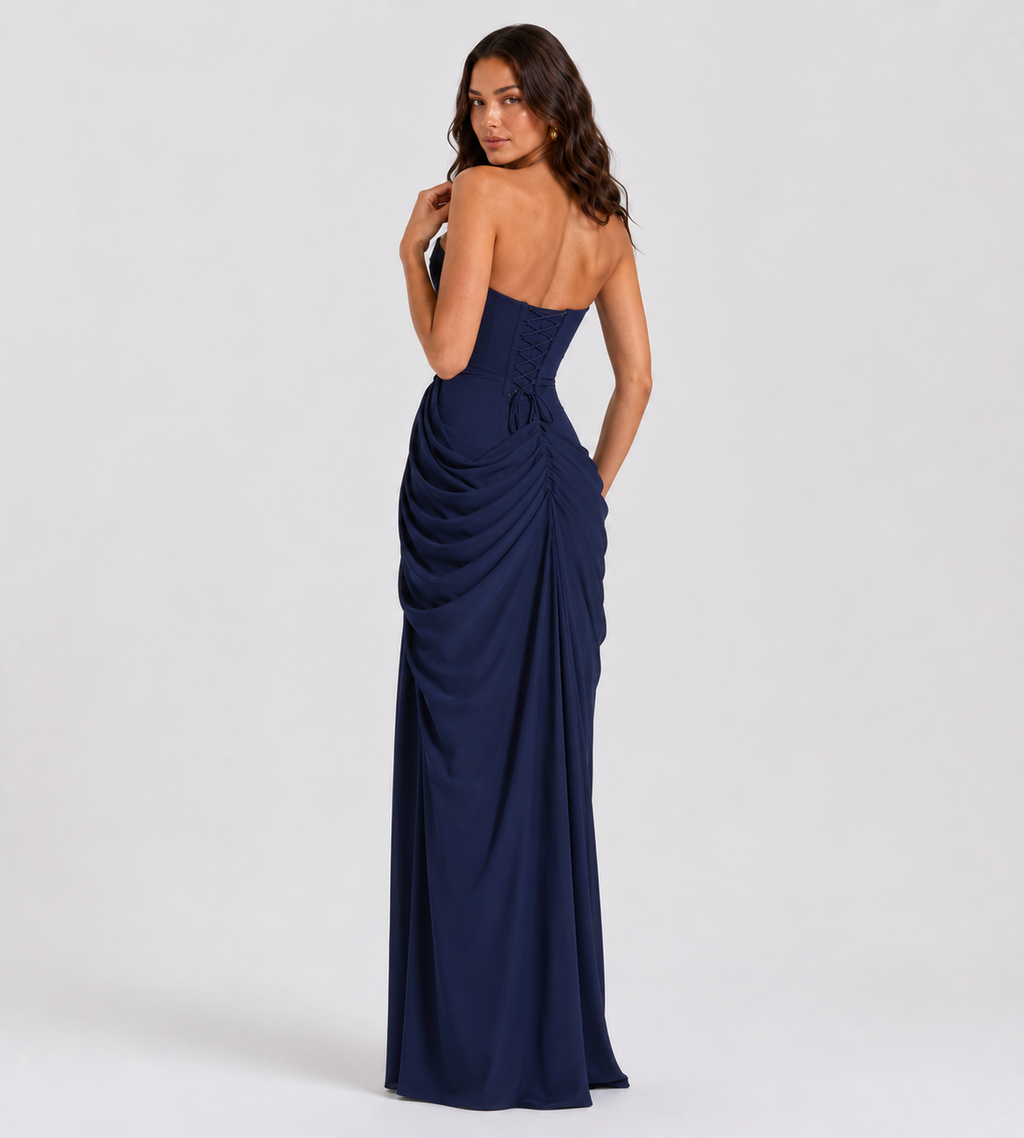 Strapless Draped Slit Maxi Dress - Navy