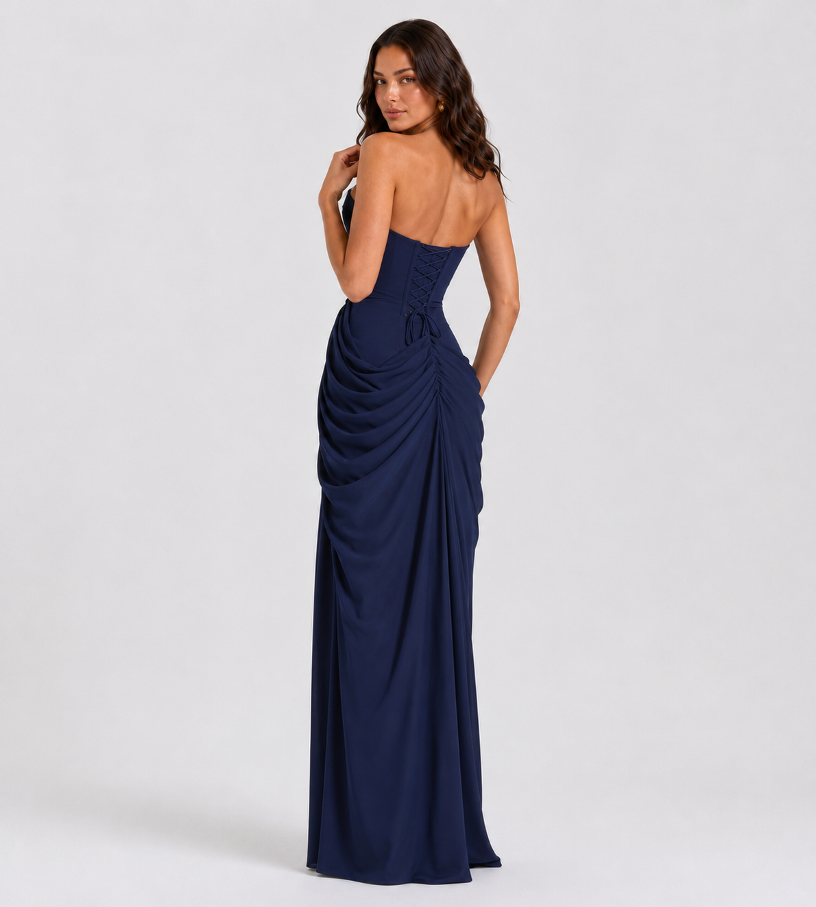 Strapless Draped Slit Maxi Dress - Navy