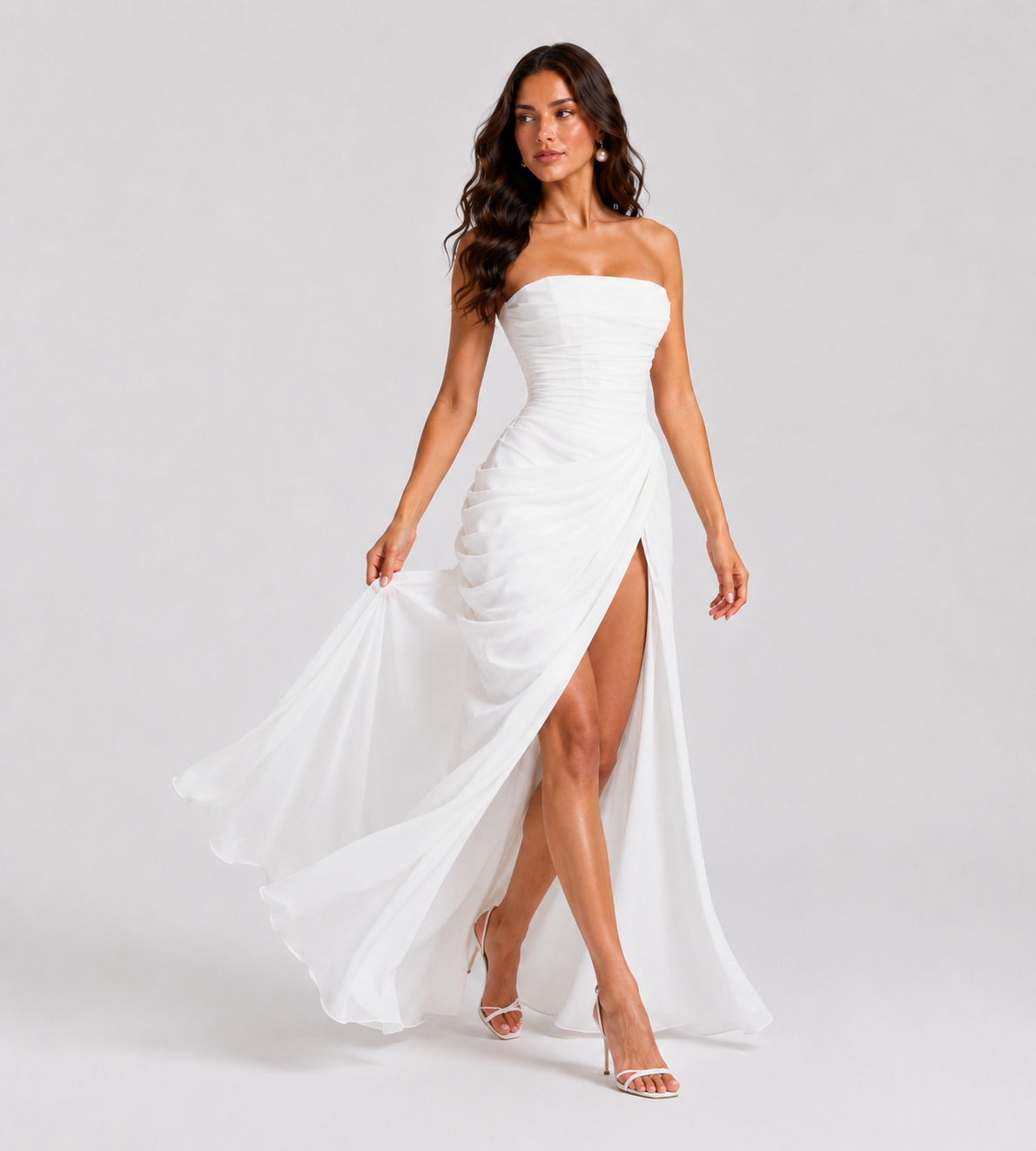 Strapless Draped Slit Maxi Dress - White