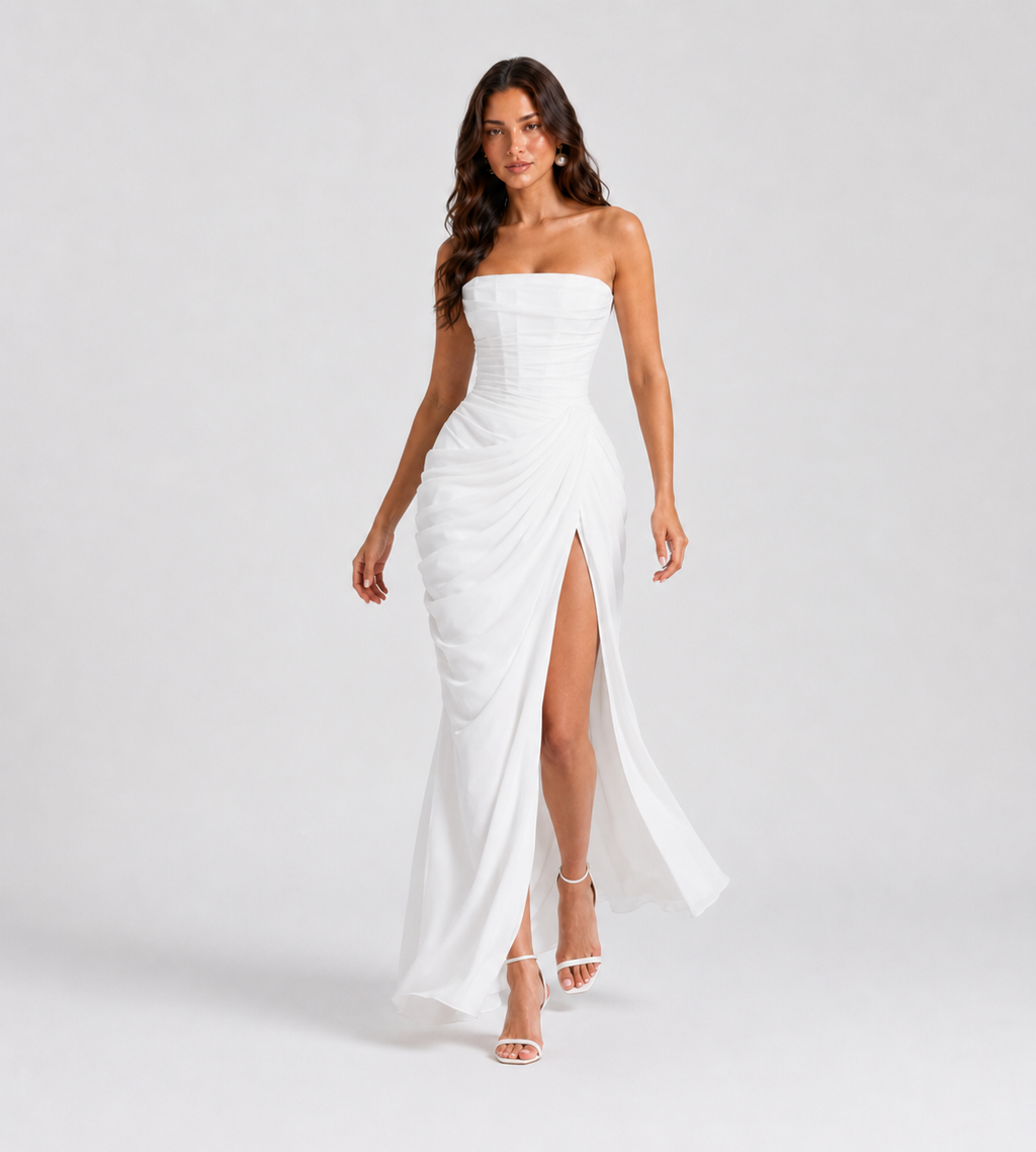 Strapless Draped Slit Maxi Dress - White