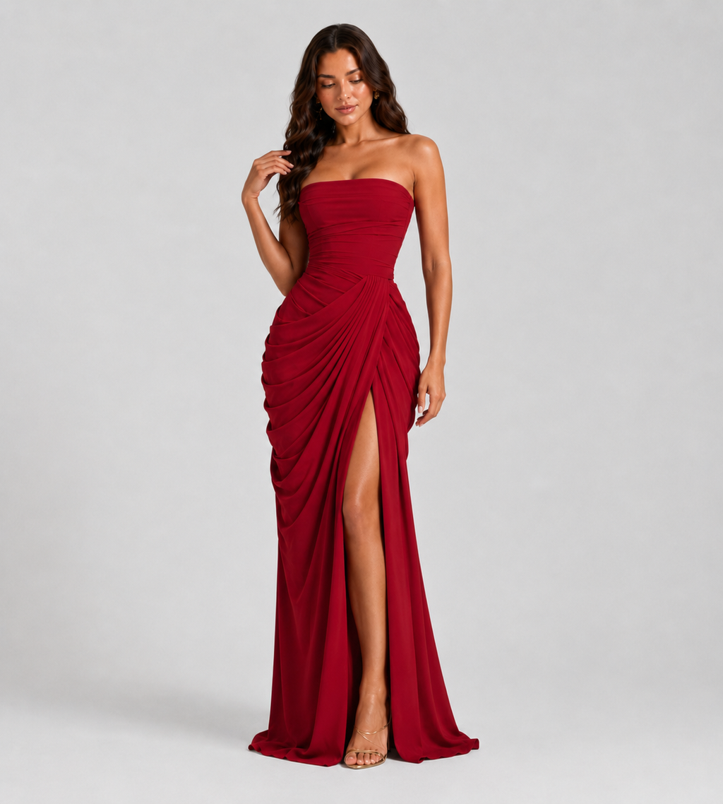 Strapless Draped Slit Maxi Dress - Red