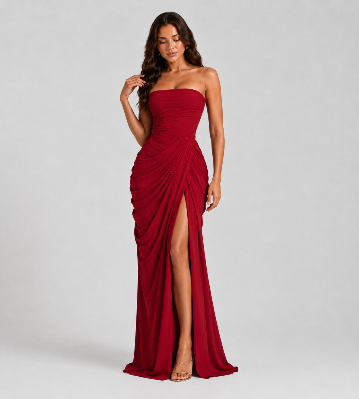 Strapless Draped Slit Maxi Dress - Red