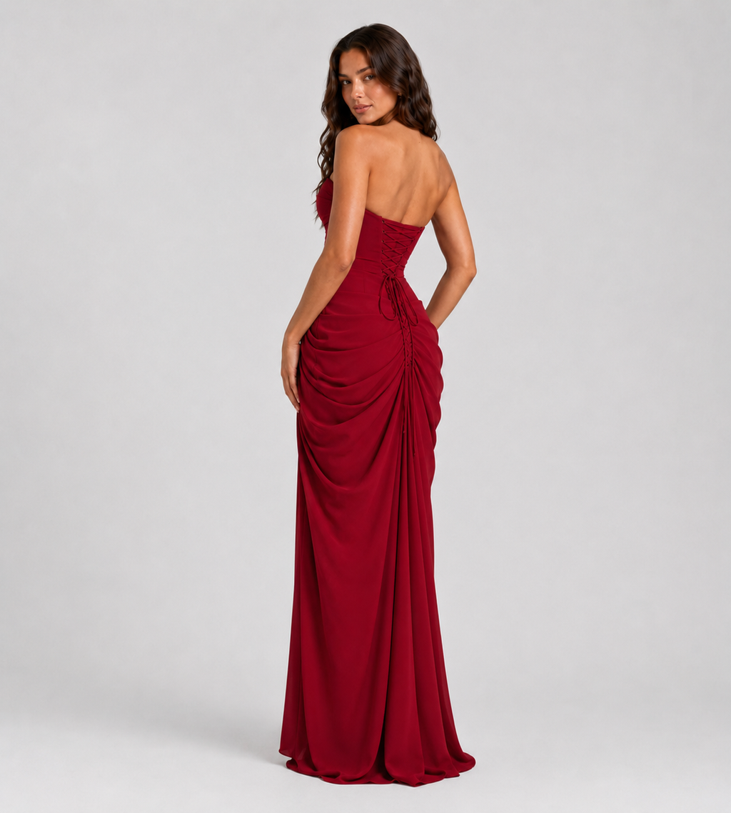 Strapless Draped Slit Maxi Dress - Red