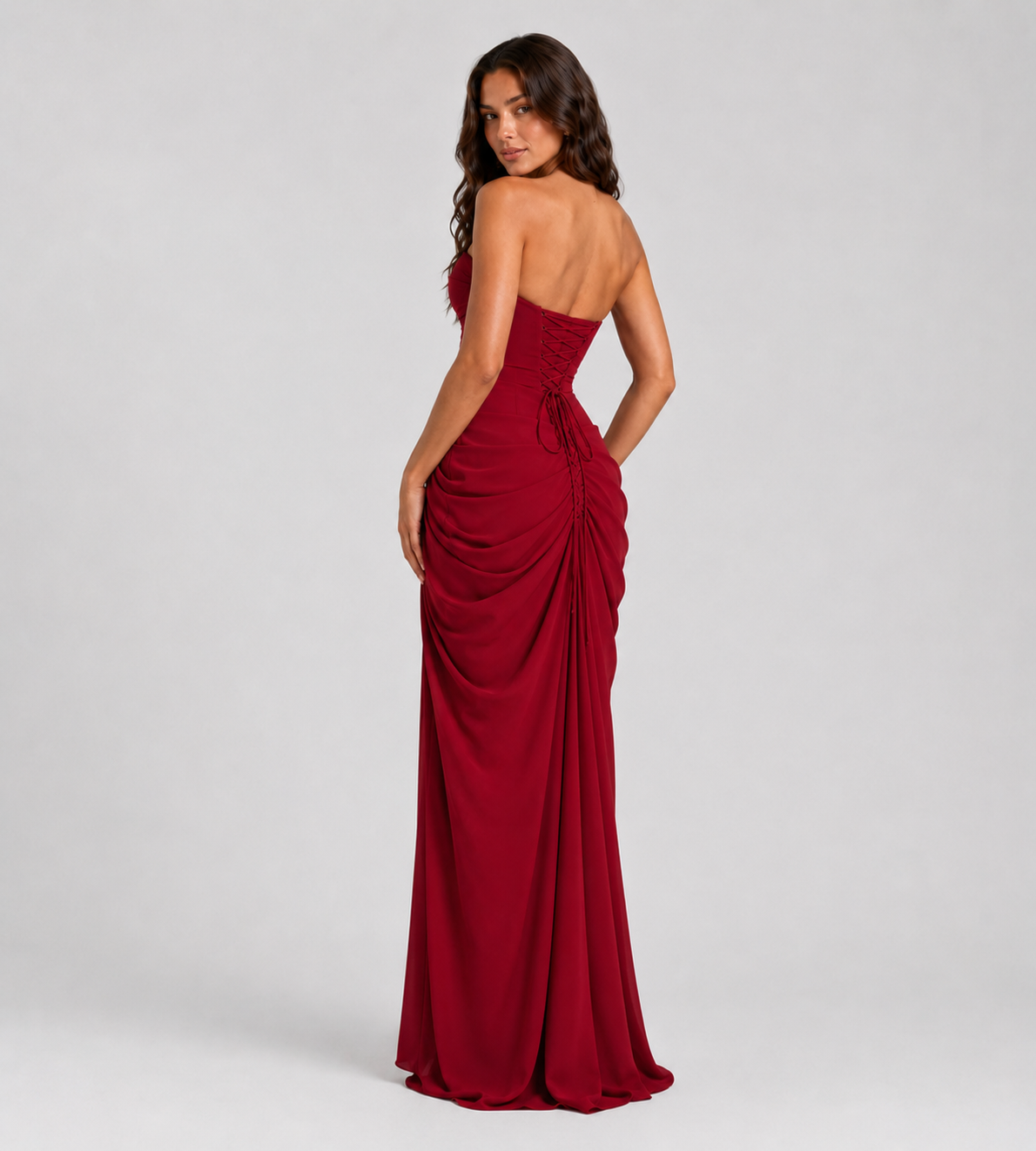 Strapless Draped Slit Maxi Dress - Red