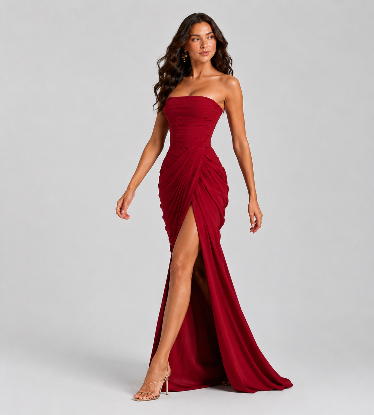 Strapless Draped Slit Maxi Dress - Red