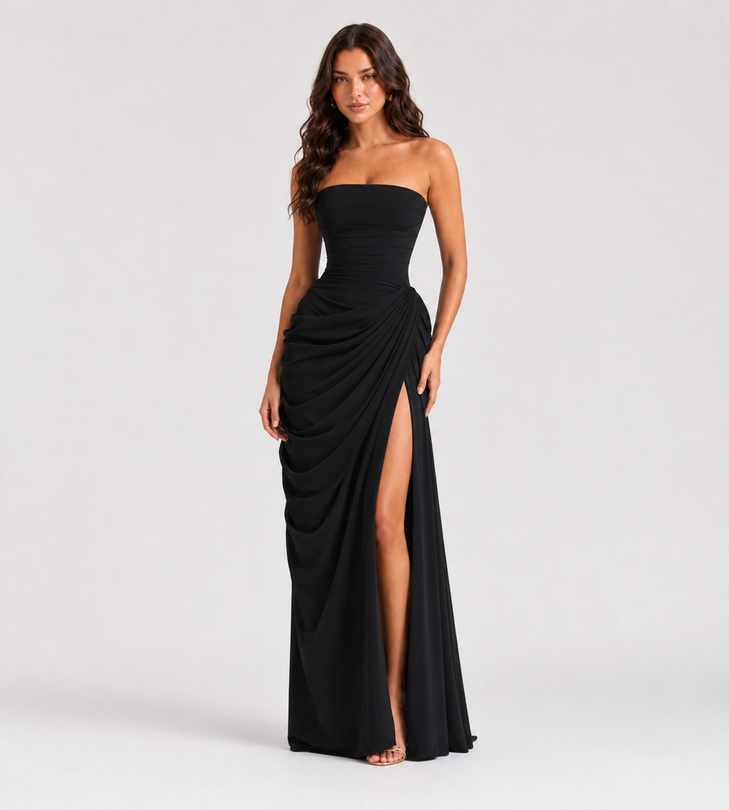 Strapless Draped Slit Maxi Dress - Black
