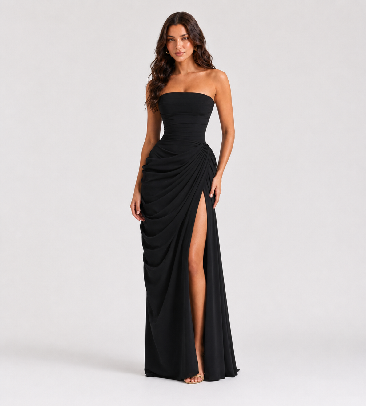 Strapless Draped Slit Maxi Dress - Black