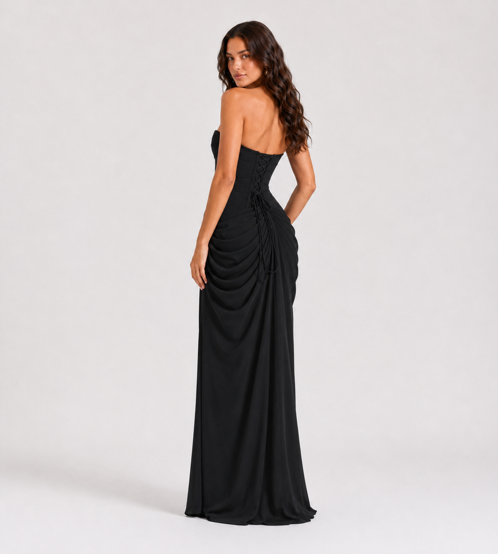 Strapless Draped Slit Maxi Dress - Black