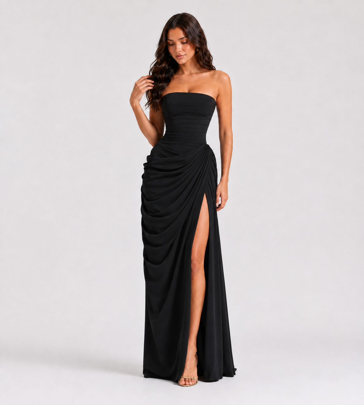 Strapless Draped Slit Maxi Dress - Black