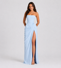 Strapless Draped Slit Maxi Dress - Blue