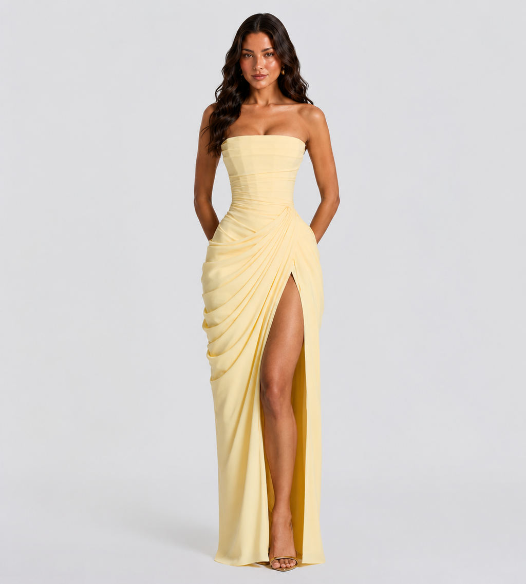 Strapless Draped Slit Maxi Dress - Lemon
