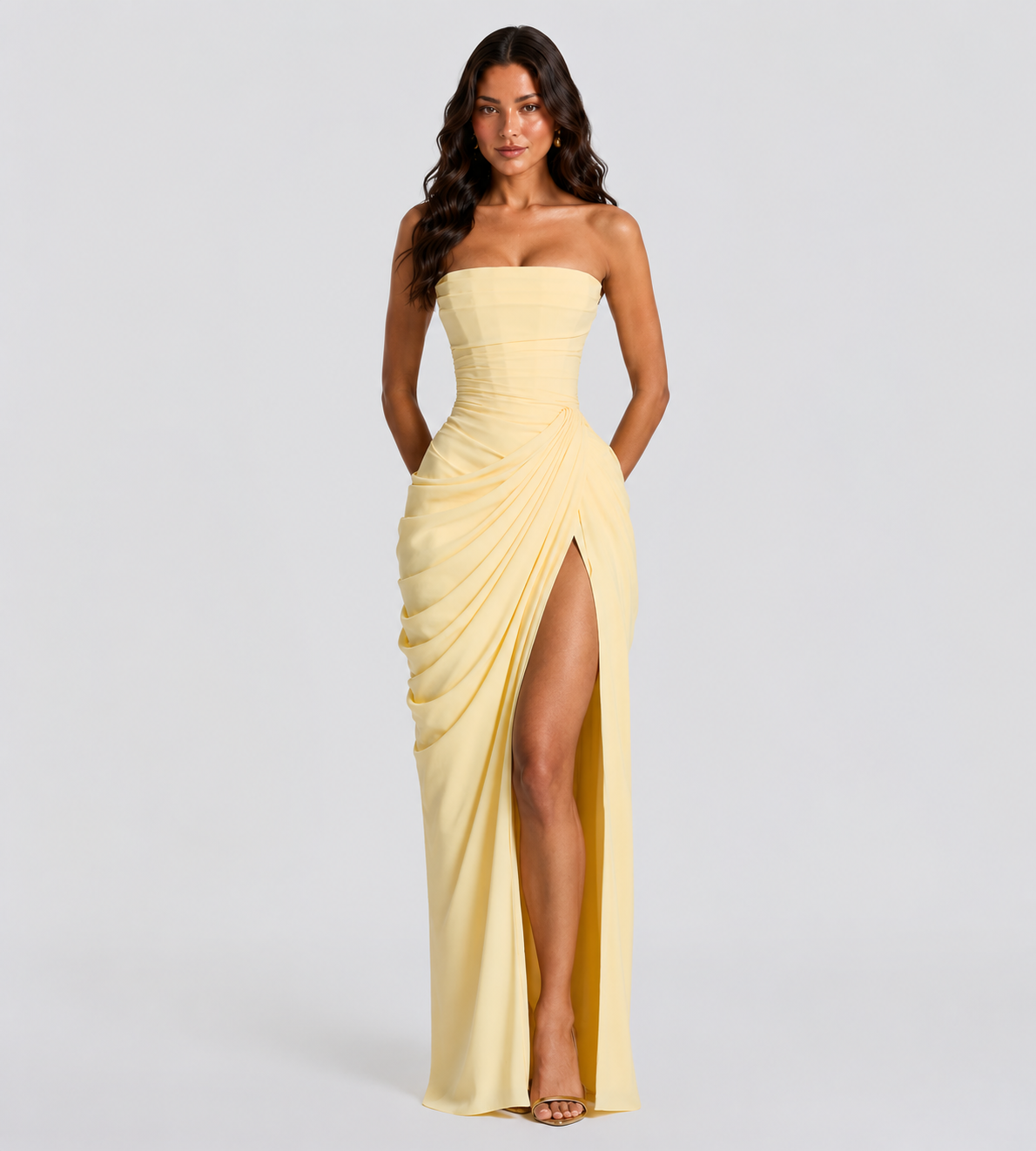 Strapless Draped Slit Maxi Dress - Lemon