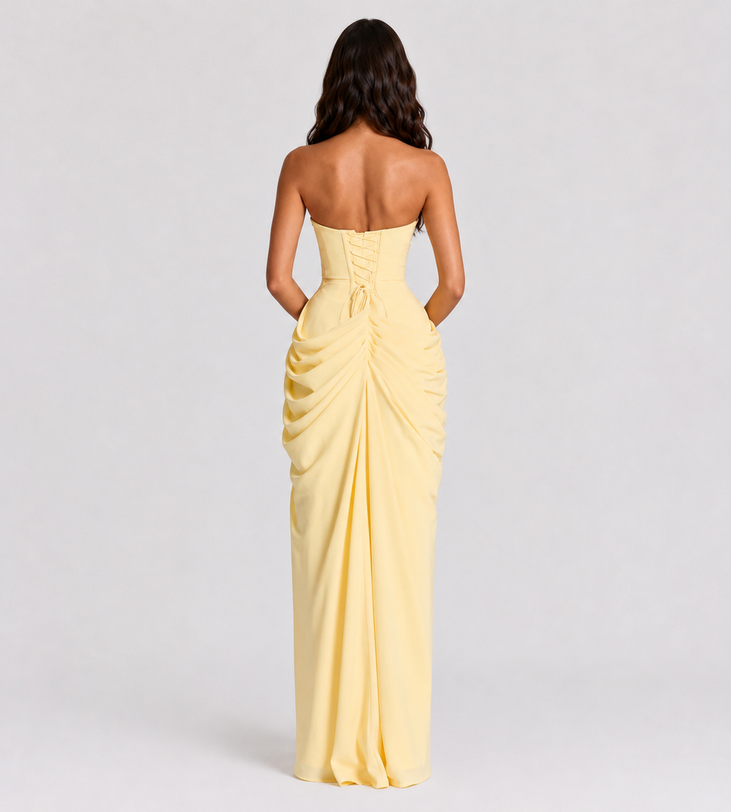 Strapless Draped Slit Maxi Dress - Lemon