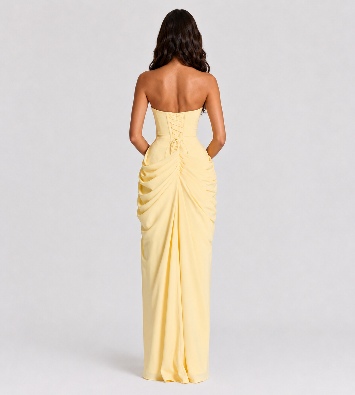 Strapless Draped Slit Maxi Dress - Lemon