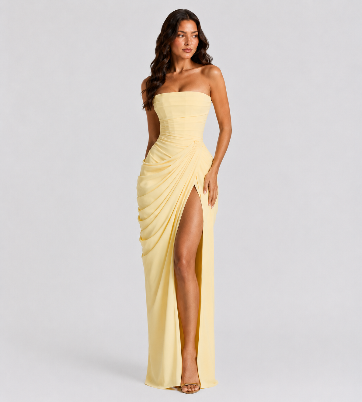 Strapless Draped Slit Maxi Dress - Lemon
