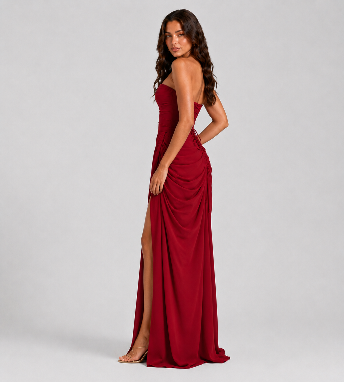 Strapless Draped Slit Maxi Dress - Red